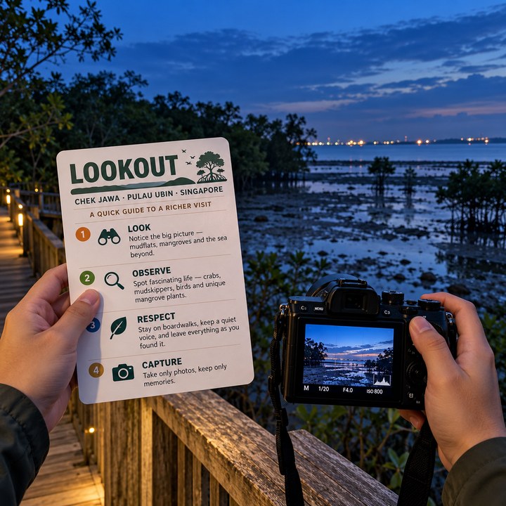 Hands holding a camera on the boardwalk at Chek Jawa after sunset; in the other hand the Lookout sheet
