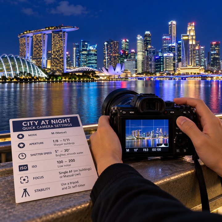 Hands steadying a camera on the rail at Marina Barrage, with the Marina Bay skyline lit up across the water, next to the City at night sheet
