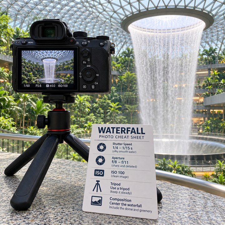 A camera on a mini tripod beside the Rain Vortex at Jewel Changi, with the Waterfall sheet leaning against the tripod leg