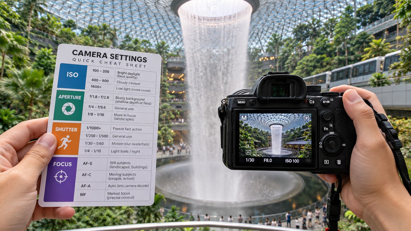 Hands holding a camera in front of the Rain Vortex at Jewel Changi, with a Waterfall cheat sheet showing four numbers in the other hand