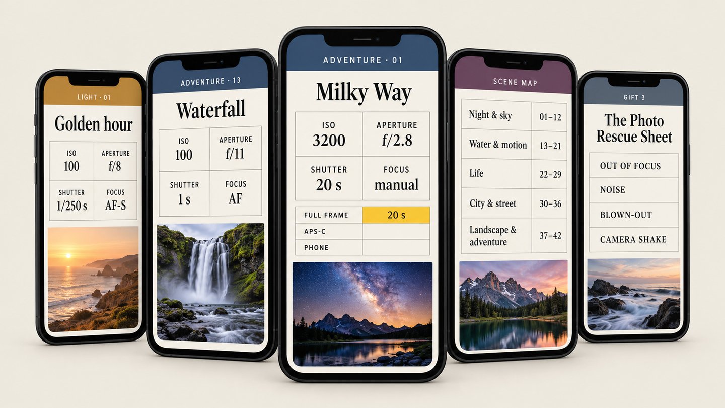 The whole kit on phones: sheets, Scene Map and gifts